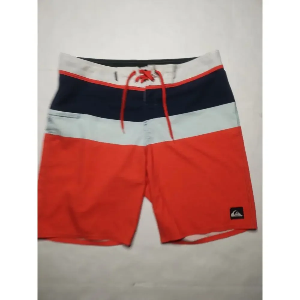 Quicksilver Shorts Mens Size 36 Orange Blue Stripe Sunset Future Swim Trunks